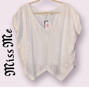Miss Me White Sequin V-Neck Women's Top